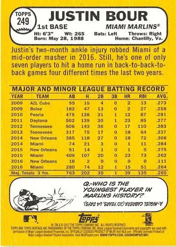 2017 Topps Heritage Justin Bour baseball card with original gloss Marlins ID 10197