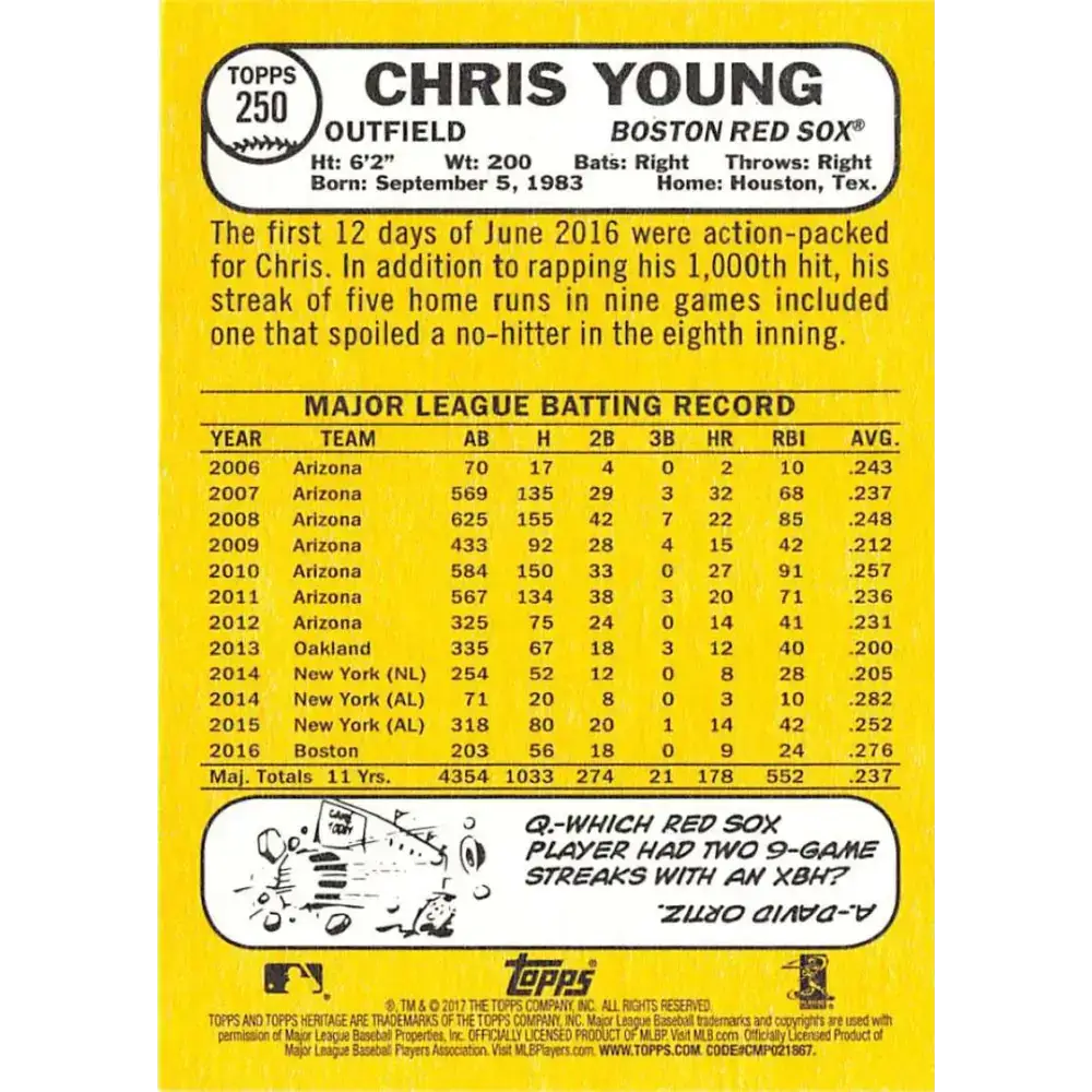 2017 Topps Heritage #250 Chris Young NM-MT Boston Red Sox Baseball Card - Baseball Card Single