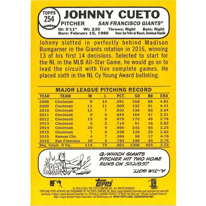 2017 Topps Heritage #254 Johnny Cueto NM-MT San Francisco Giants Baseball Card - Baseball Card