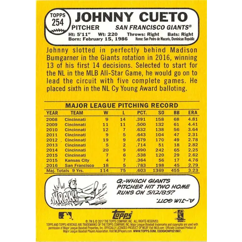 2017 Topps Heritage #254 Johnny Cueto NM-MT San Francisco Giants Baseball Card - Baseball Card Single