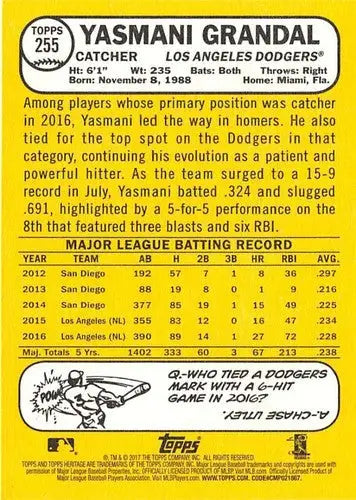 Yasmani Grandal baseball card from Topps Heritage with original gloss Dodgers 2017