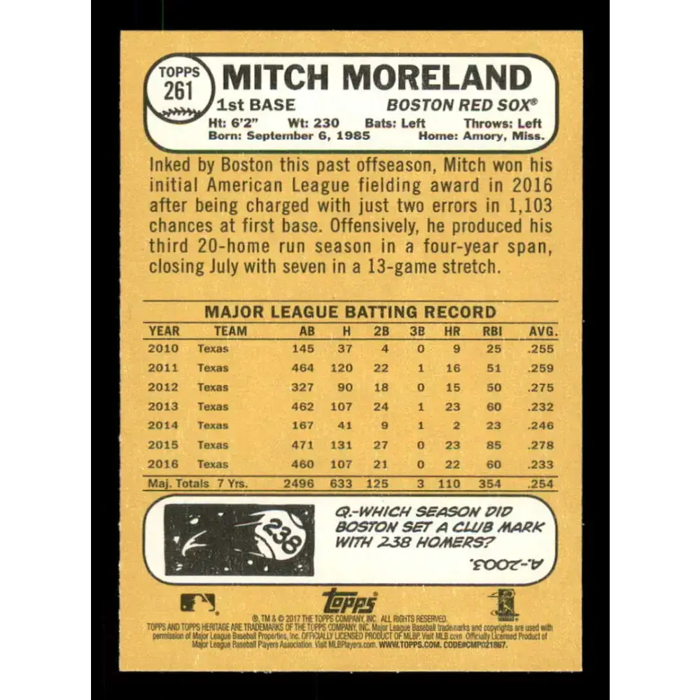 2017 Topps Heritage #261 Mitch Moreland NM-MT Boston Red Sox Baseball Card - Baseball Card