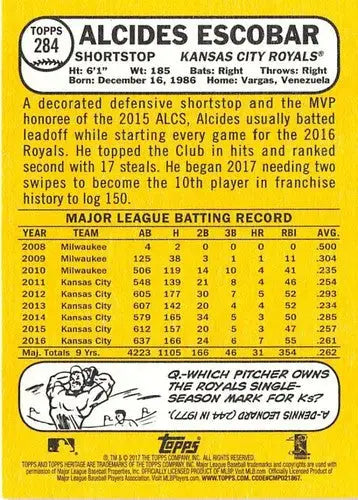 Baseball card back with original gloss from Topps Heritage featuring Alcides Escobar
