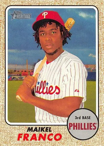 Original gloss 2017 Topps Heritage Maikel Franco baseball card featuring Phillies player