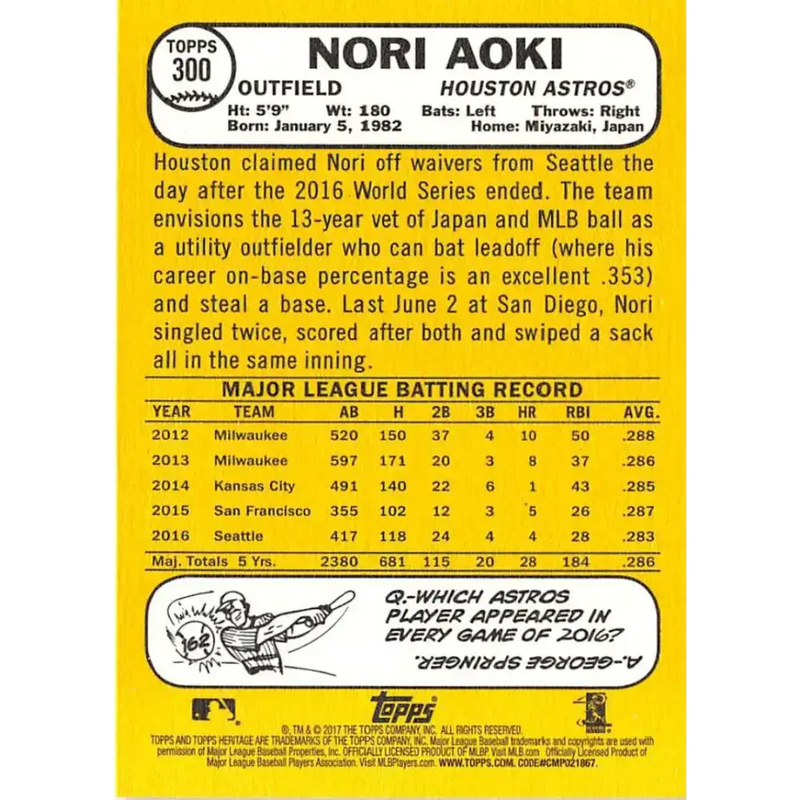 2017 Topps Heritage #300 Nori Aoki NM-MT Houston Astros Baseball Card - Baseball Card Single