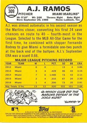 Original gloss A.J. Ramos baseball card from Topps Heritage 2017 Marlins collection