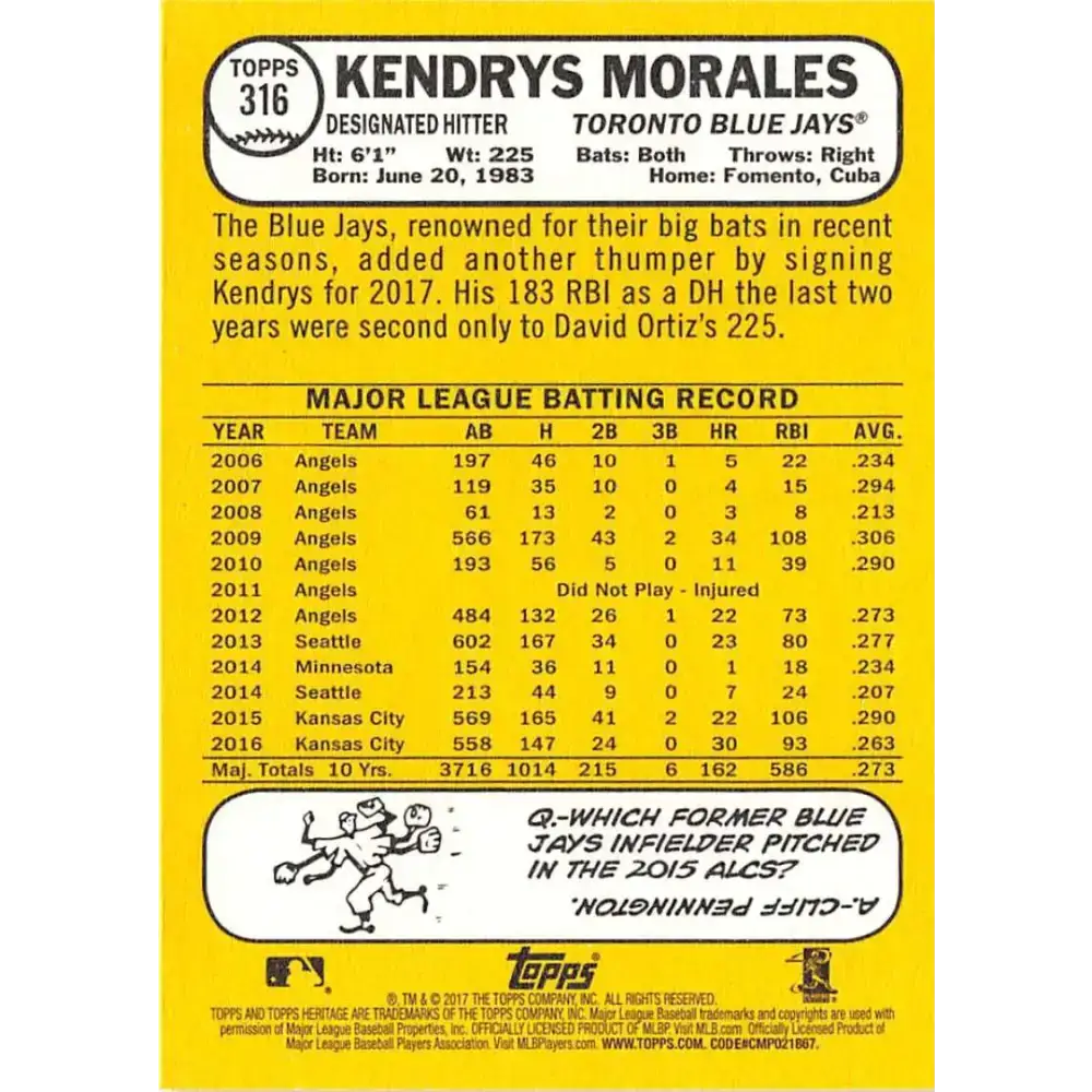 2017 Topps Heritage #316 Kendrys Morales NM-MT Toronto Blue Jays Baseball Card - Baseball Card