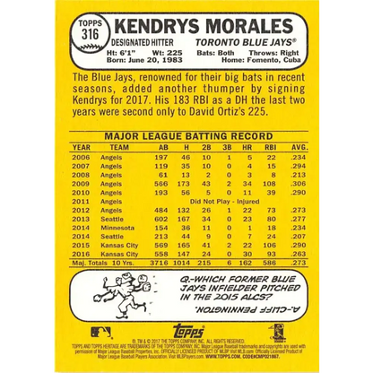 2017 Topps Heritage #316 Kendrys Morales NM-MT Toronto Blue Jays Baseball Card - Baseball Card
