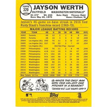 2017 Topps Heritage #320 Jayson Werth NM-MT Washington Nationals Baseball Card - Baseball Card
