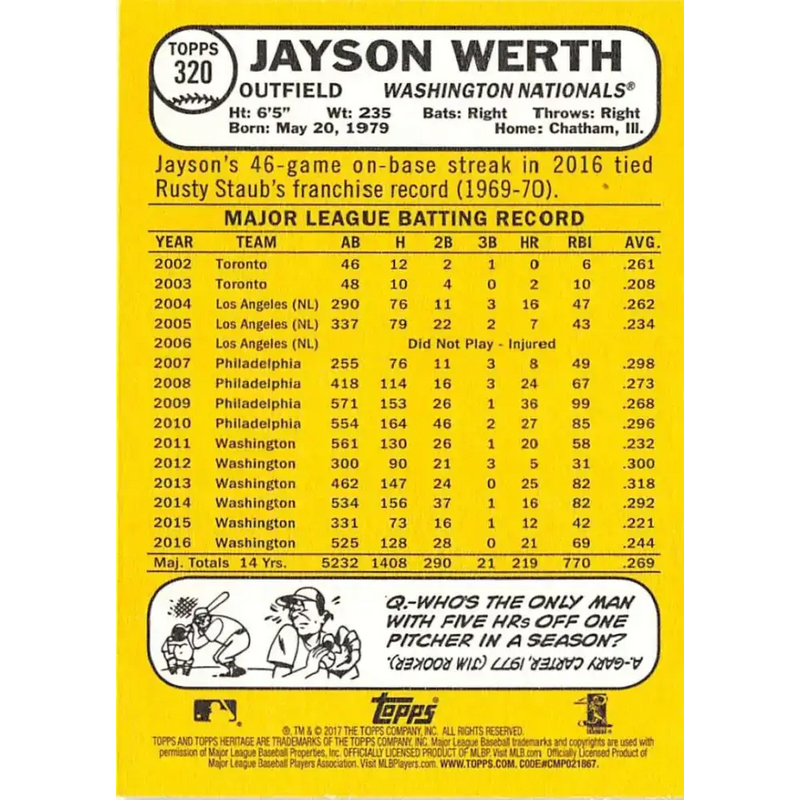 2017 Topps Heritage #320 Jayson Werth NM-MT Washington Nationals Baseball Card - Baseball Card Single
