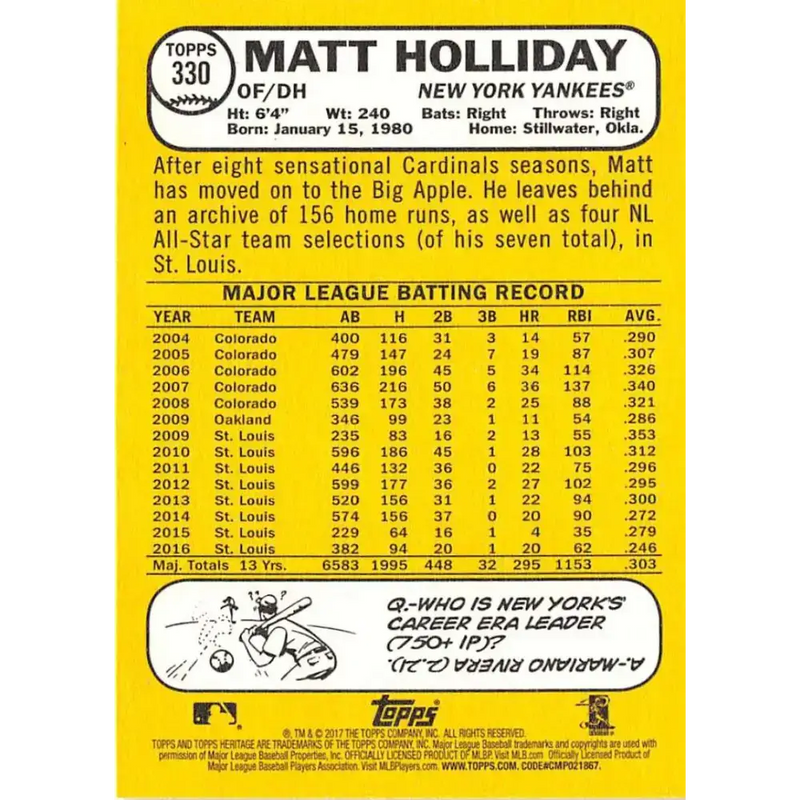 2017 Topps Heritage #330 Matt Holliday NM-MT New York Yankees Baseball Card - Baseball Card Single