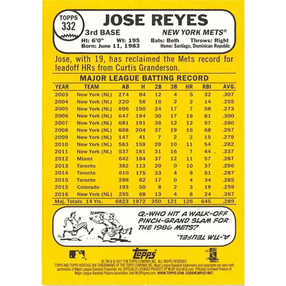 2017 Topps Heritage #332 Jose Reyes NM-MT New York Mets Baseball Card - Baseball Card