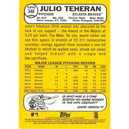 2017 Topps Heritage #348 Julio Teheran NM-MT Atlanta Braves Baseball Card - Baseball Card