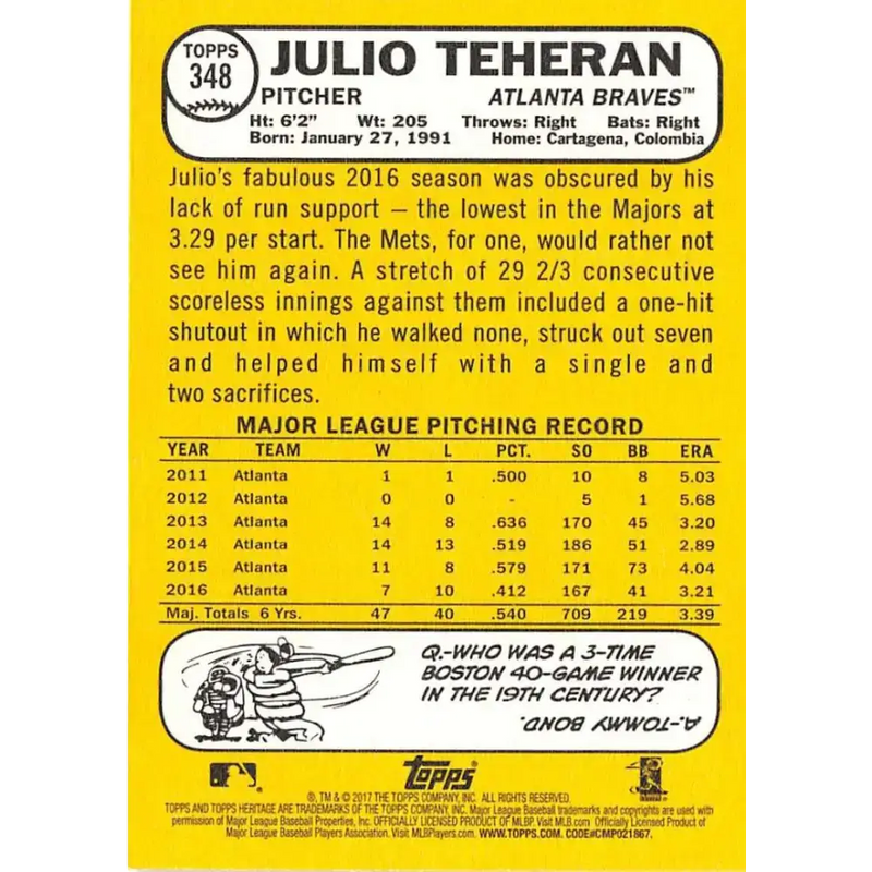 2017 Topps Heritage #348 Julio Teheran NM-MT Atlanta Braves Baseball Card - Baseball Card Single