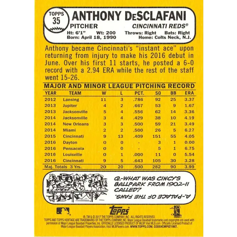 2017 Topps Heritage #35 Anthony DeSclafani NM-MT Cincinnati Reds Baseball Card - Baseball Card Single