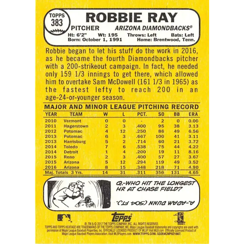 2017 Topps Heritage #383 Robbie Ray NM-MT Arizona Diamondbacks Baseball Card - Baseball Card Single