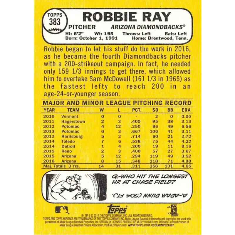 2017 Topps Heritage #383 Robbie Ray NM-MT Arizona Diamondbacks Baseball Card - Baseball Card Single