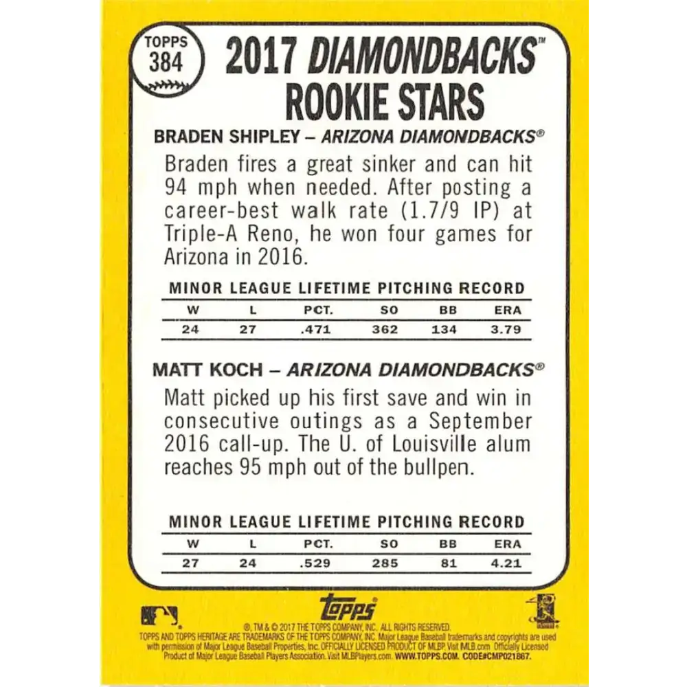 2017 Topps Heritage #384 Braden Shipley/Matt Koch NM-MT RC Rookie Arizona Diamondbacks Baseball Card - Baseball Card