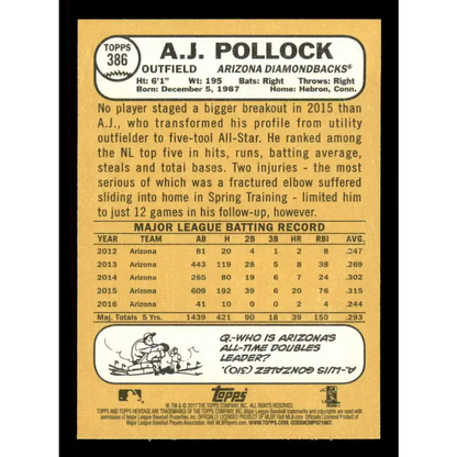 2017 Topps Heritage #386 A.J. Pollock NM-MT Arizona Diamondbacks Baseball Card - Baseball Card