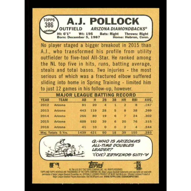 2017 Topps Heritage #386 A.J. Pollock NM-MT Arizona Diamondbacks Baseball Card - Baseball Card Single