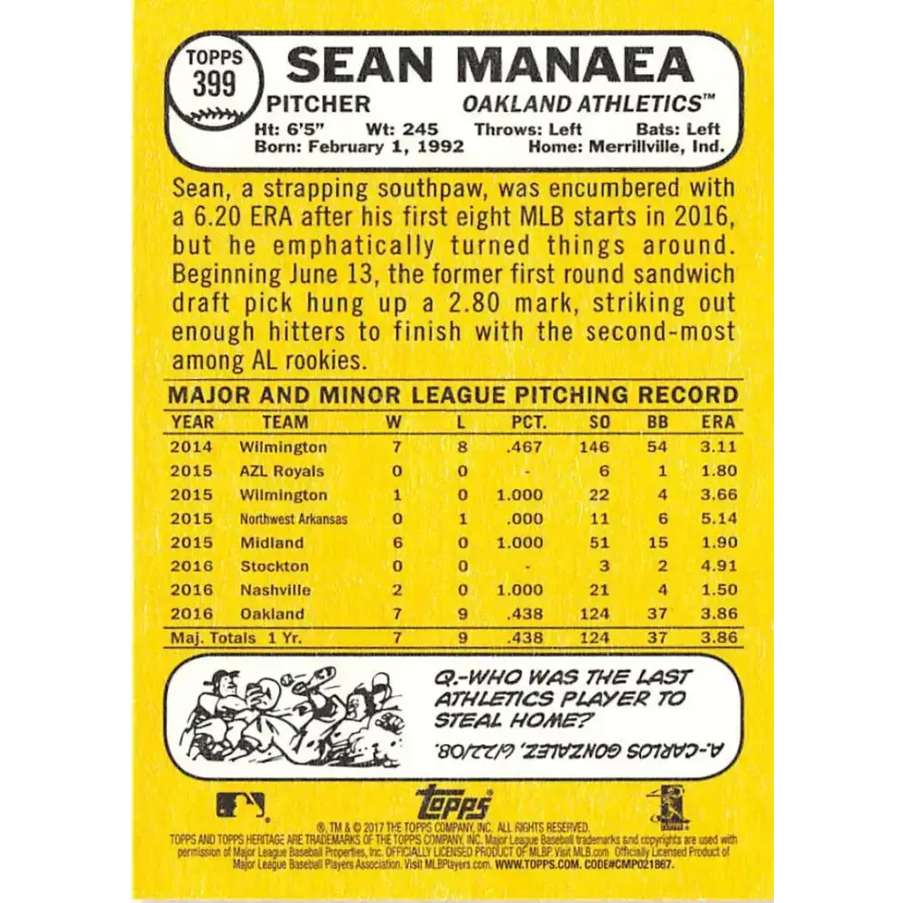 2017 Topps Heritage #399 Sean Manaea NM-MT Oakland Athletics Baseball Card - Baseball Card Single