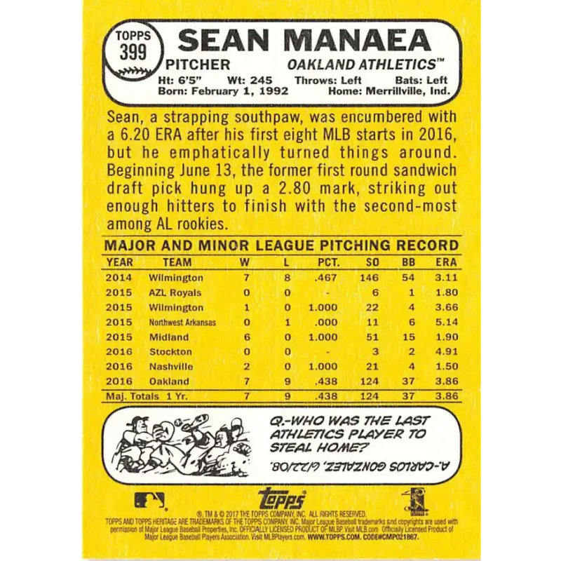 2017 Topps Heritage #399 Sean Manaea NM-MT Oakland Athletics Baseball Card - Baseball Card Single