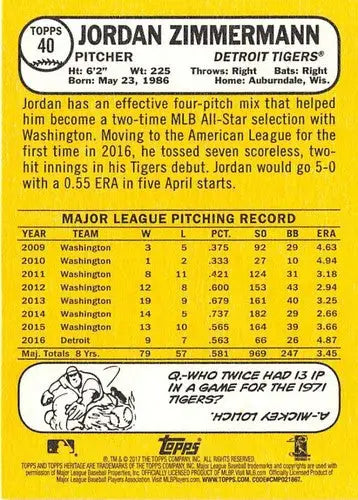 Jordan Zimmermann baseball card back from 2017 Topps Heritage with original gloss