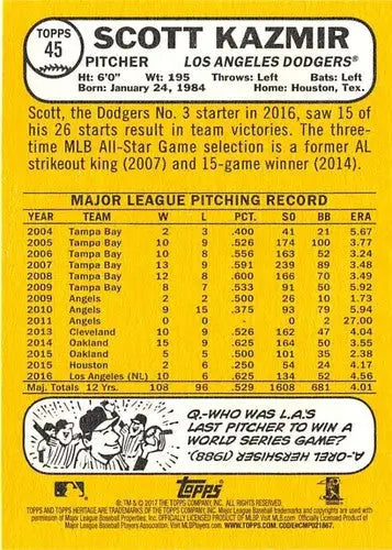 2017 Topps Heritage #45 Scott Kazmir NM-MT Dodgers - Baseball Card Single