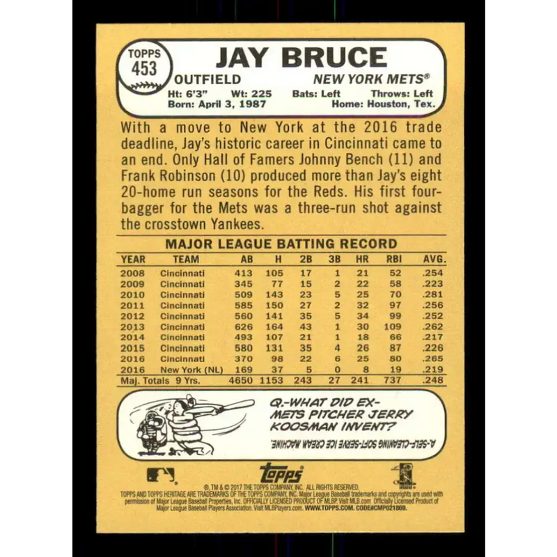 2017 Topps Heritage #453 Jay Bruce NM-MT SP New York Mets Baseball Card - Baseball Card Single