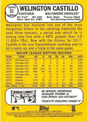 2017 Topps Heritage Welington Castillo baseball card with original gloss Orioles ID 9132