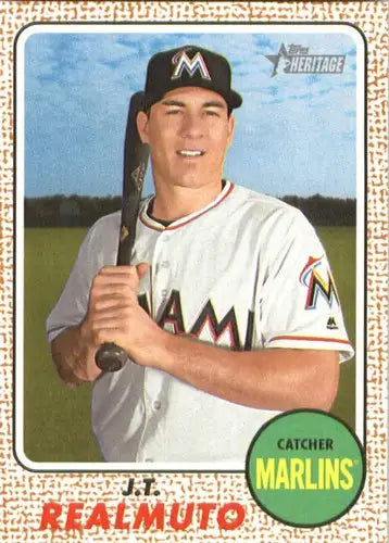Baseball card of J.T. Realmuto from Topps Heritage 2017 with original gloss Marlins