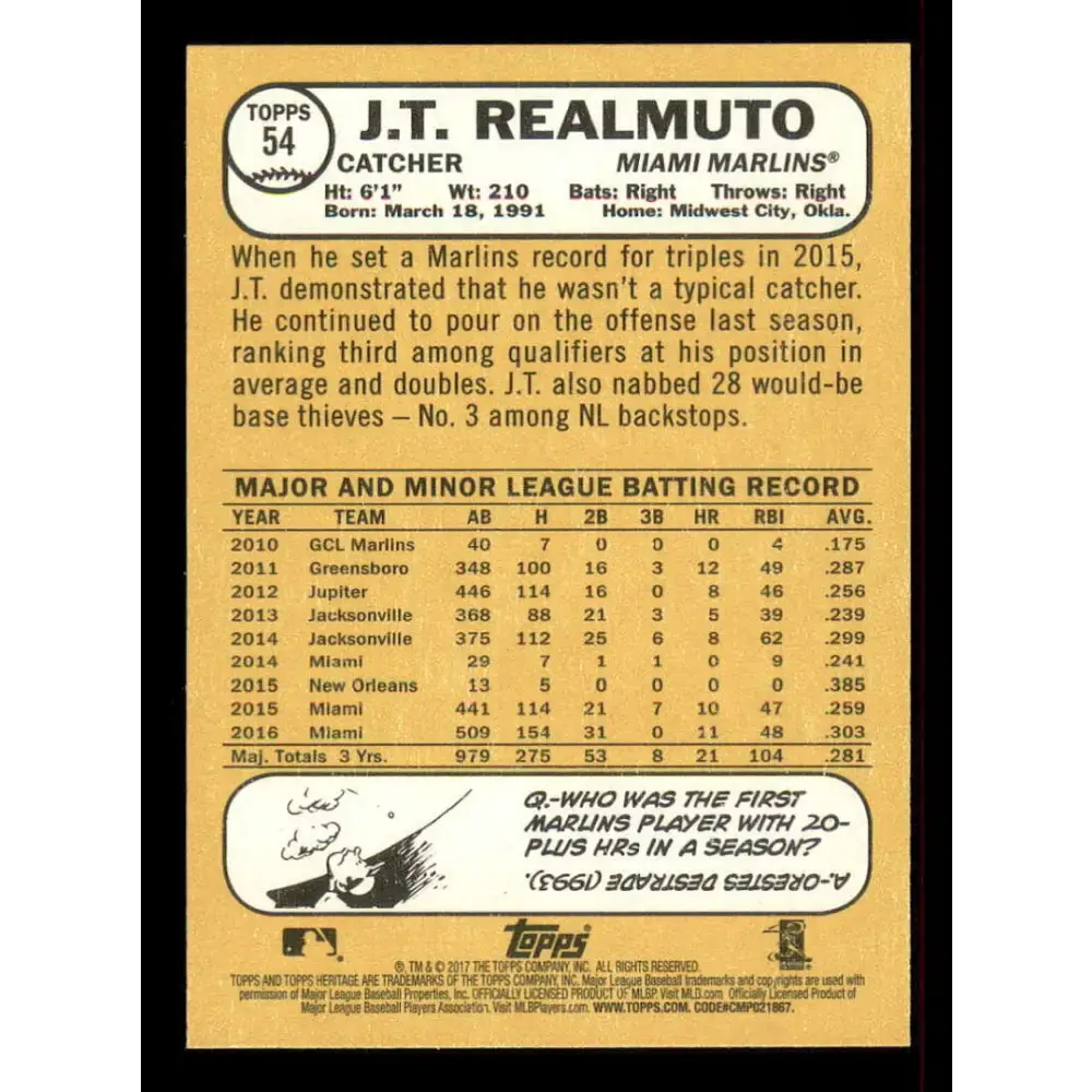 2017 Topps Heritage #54 J.T. Realmuto NM-MT Miami Marlins Baseball Card