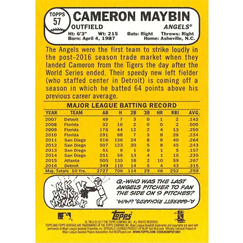 2017 Topps Heritage #57 Cameron Maybin NM-MT Los Angeles Angels Baseball Card - Baseball Card Single