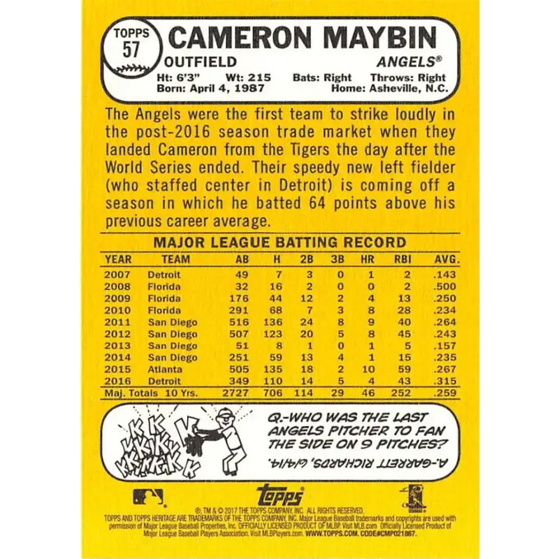 2017 Topps Heritage #57 Cameron Maybin NM-MT Los Angeles Angels Baseball Card - Baseball Card Single