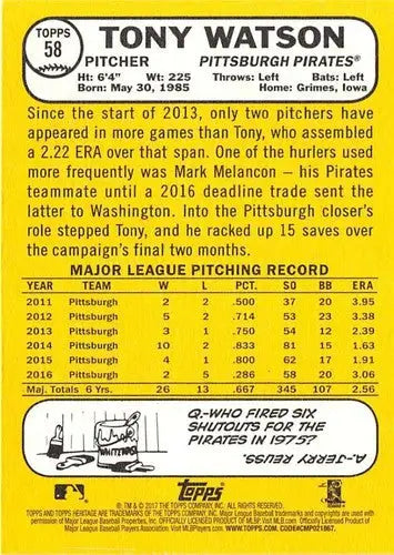 2017 Topps Heritage Tony Watson baseball card with original gloss Pirates collectible
