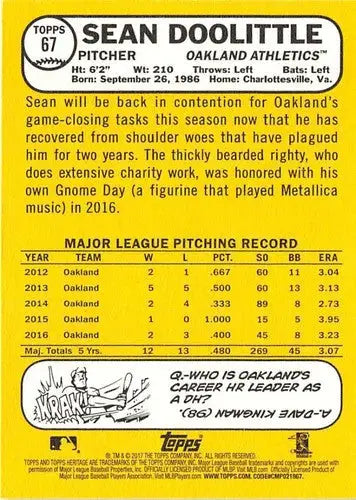 2017 Topps Heritage Sean Doolittle baseball card with original gloss Athletics ID 19590