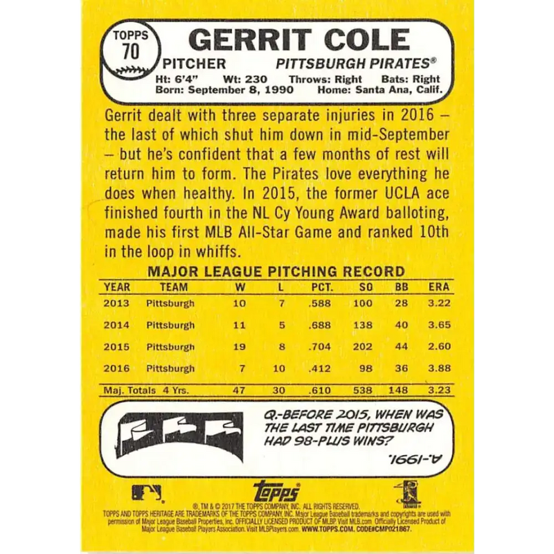 2017 Topps Heritage #70 Gerrit Cole NM-MT Pittsburgh Pirates Baseball Card - Baseball Card Single