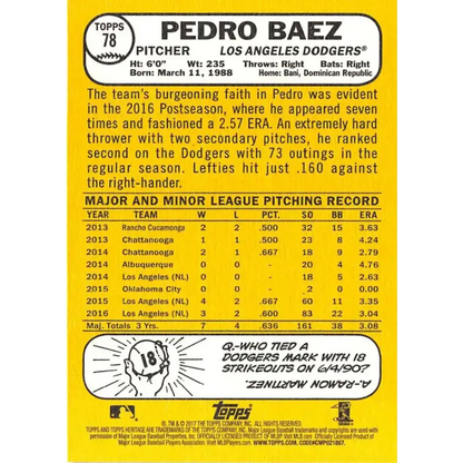 2017 Topps Heritage #78 Pedro Baez NM-MT Los Angeles Dodgers Baseball Card - Baseball Card