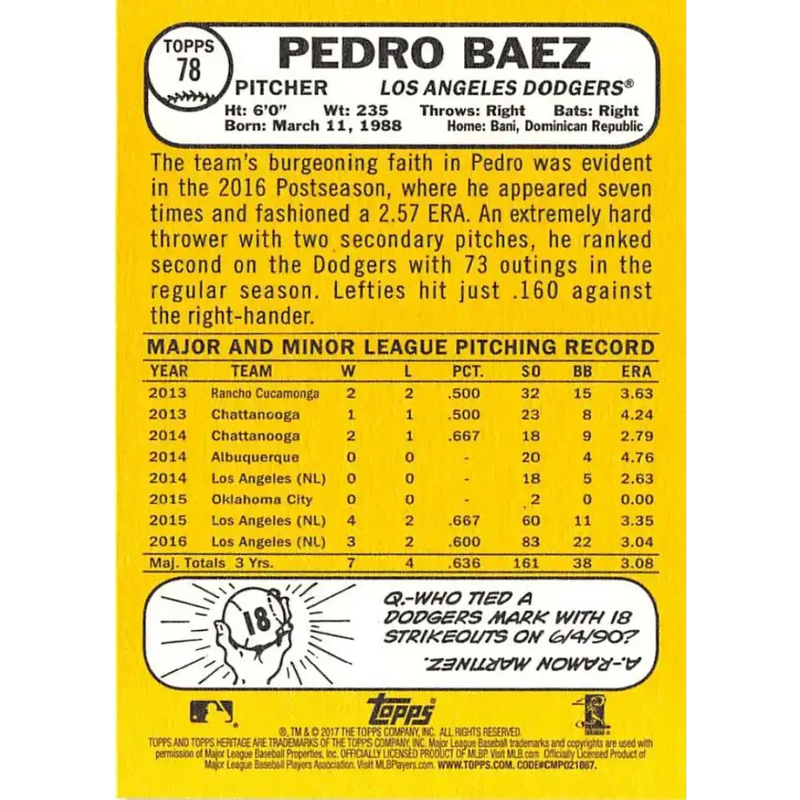 2017 Topps Heritage #78 Pedro Baez NM-MT Los Angeles Dodgers Baseball Card - Baseball Card Single