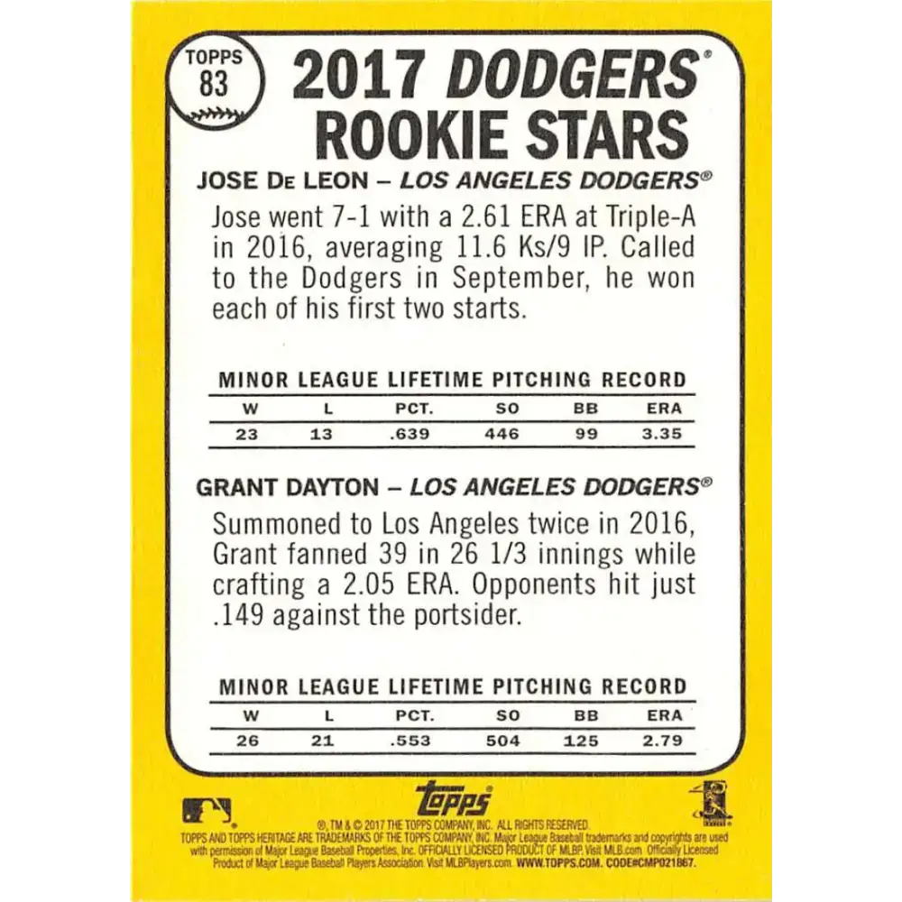 2017 Topps Heritage #83 Grant Dayton/Jose De Leon NM-MT RC Rookie Los Angeles Dodgers Baseball Card - Baseball Card