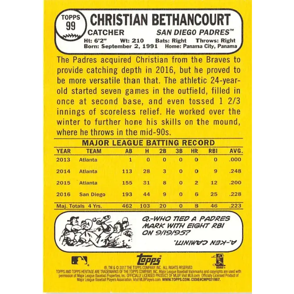 2017 Topps Heritage #99 Christian Bethancourt NM-MT San Diego Padres Baseball Card - Baseball Card Single