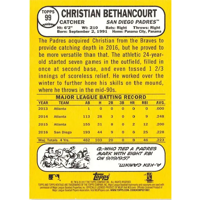 2017 Topps Heritage #99 Christian Bethancourt NM-MT San Diego Padres Baseball Card - Baseball Card Single