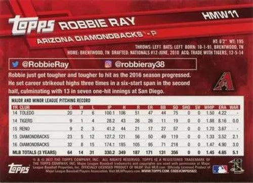 2017 Topps Holiday #HMW11 Robbie Ray NM-MT Diamondbacks ID:6005 - Baseball Card Single