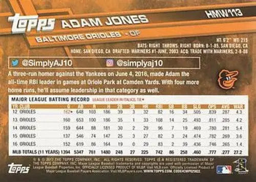 2017 Topps Holiday #HMW113 Adam Jones NM-MT Orioles - Baseball Card Single