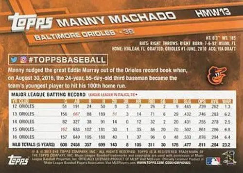 2017 Topps Holiday #HMW13 Manny Machado NM-MT Orioles ID:6007 - Baseball Card Single