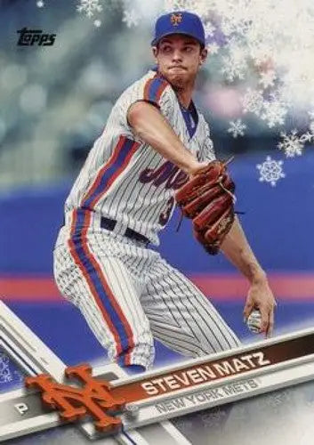 Original gloss baseball card featuring HMW138 Steven Matz from 2017 Topps Holiday series