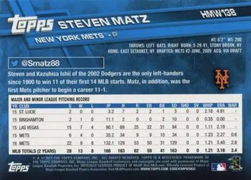 Original gloss baseball card back from 2017 Topps Holiday HMW138 Steven Matz Mets
