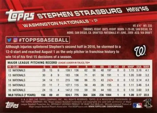 2017 Topps Holiday #HMW146 Stephen Strasburg NM-MT Nationals - Baseball Card Single