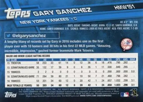 Original gloss 2017 Topps Holiday HMW151 Gary Sanchez Yankees baseball card