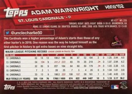 2017 Topps Holiday #HMW152 Adam Wainwright NM-MT Cardinals - Baseball Card Single